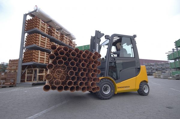 forklift truck carrying large load